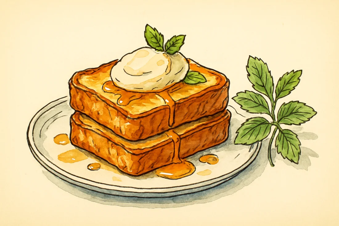 Croquis : deux tranches de pain perdu dorées avec quenelle de chantilly et feuilles de menthe, filet de miel