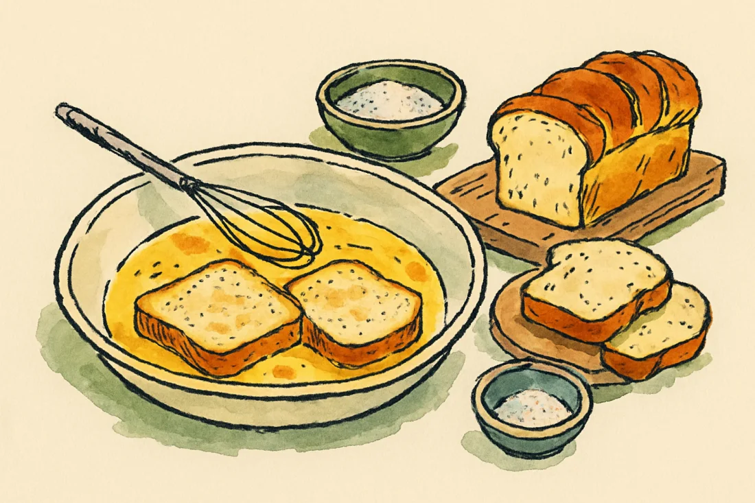 Croquis : tranches de pain rassis trempant dans un appareil œufs-lait, fouet posé, brioche tranchée à côté