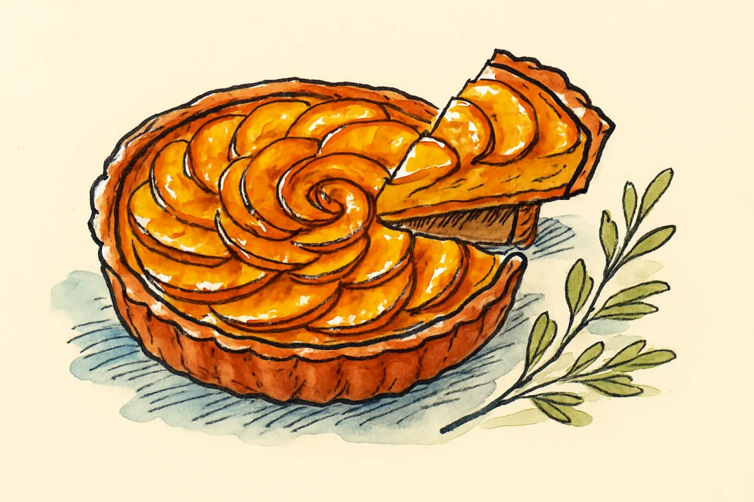 Croquis : tarte aux pommes cuite et nappée brillante, lamelles en rosace, une part soulevée