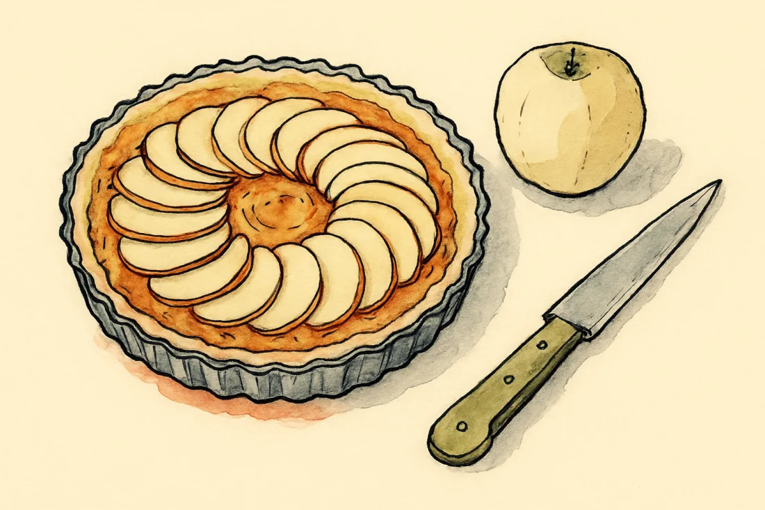 Croquis : fond de tarte avec compote et lamelles de pommes rangées en spirale, pomme et couteau à côté