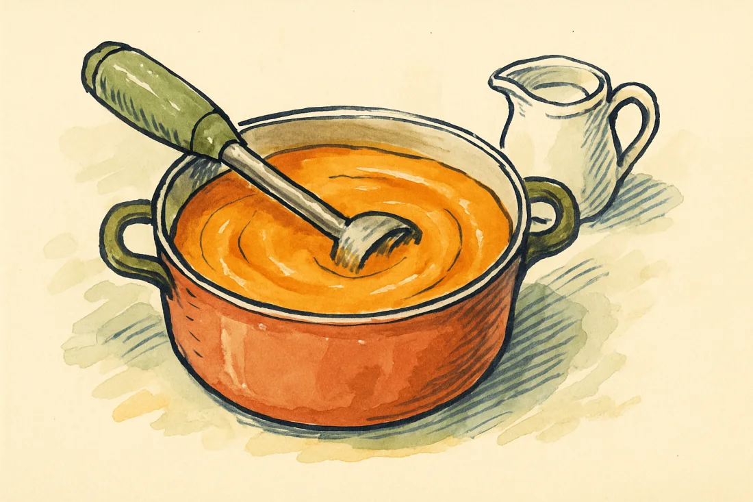 Croquis : casserole de soupe de potimarron lisse et mixée, mixeur plongeant posé sur le bord, pichet de crème