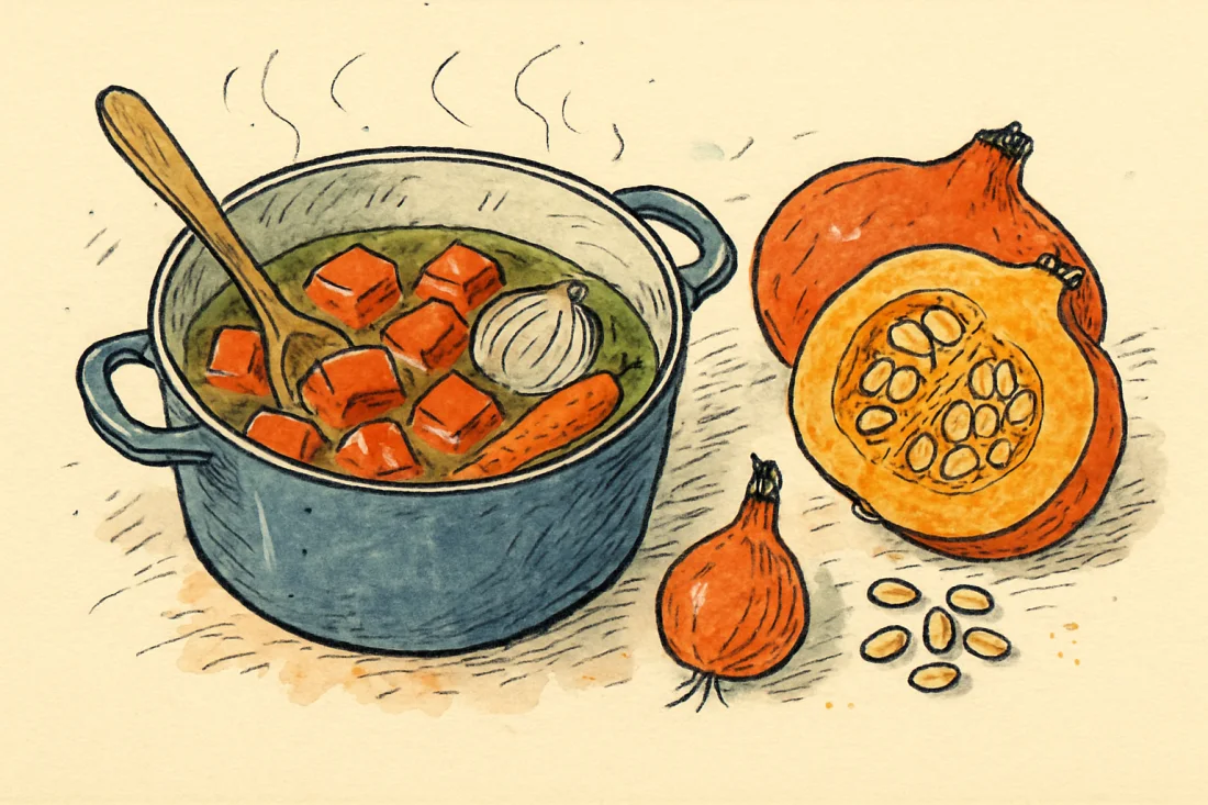 Croquis : cocotte avec morceaux de potimarron, oignon et carotte dans un bouillon, demi-potimarron et ses graines à côté