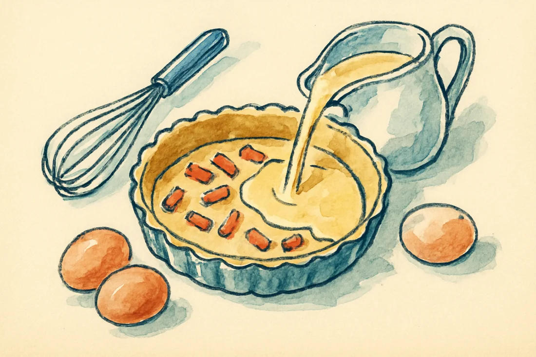Croquis : moule à tarte foncé de pâte avec lardons, migaine crème-œufs versée dessus, fouet et œufs à côté