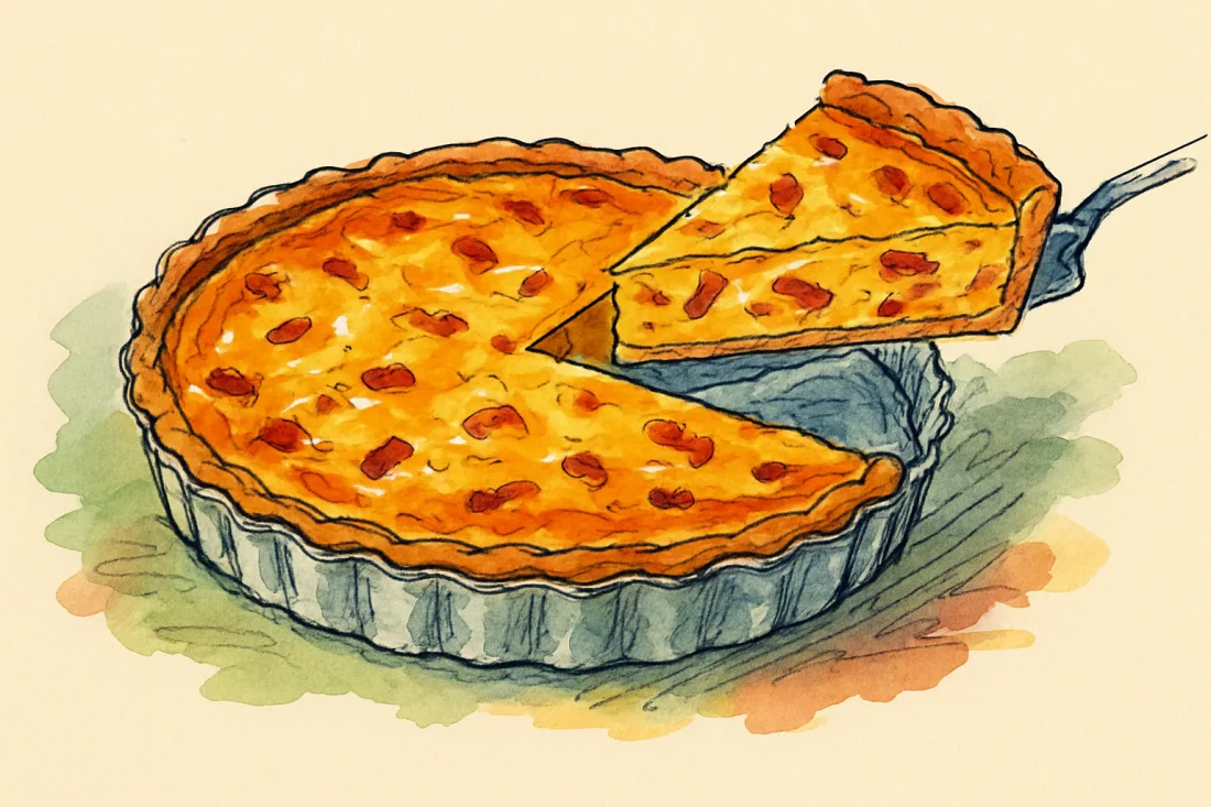 Croquis : quiche lorraine entière dorée dans son moule, une part soulevée montrant les lardons