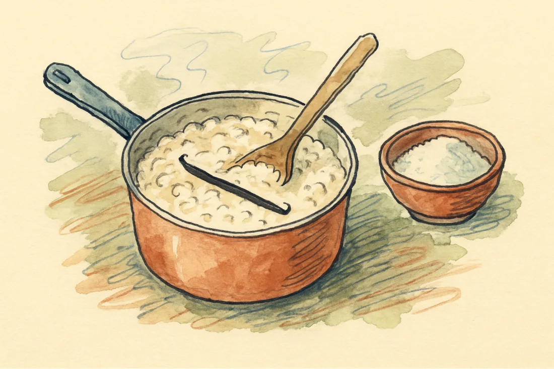 Croquis : casserole de riz qui mijote dans le lait avec une gousse de vanille, cuillère en bois, bol de sucre à côté