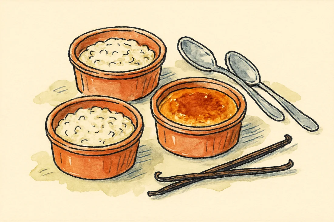 Croquis : trois ramequins de riz au lait crémeux, un avec un dessus caramélisé, gousse de vanille à côté