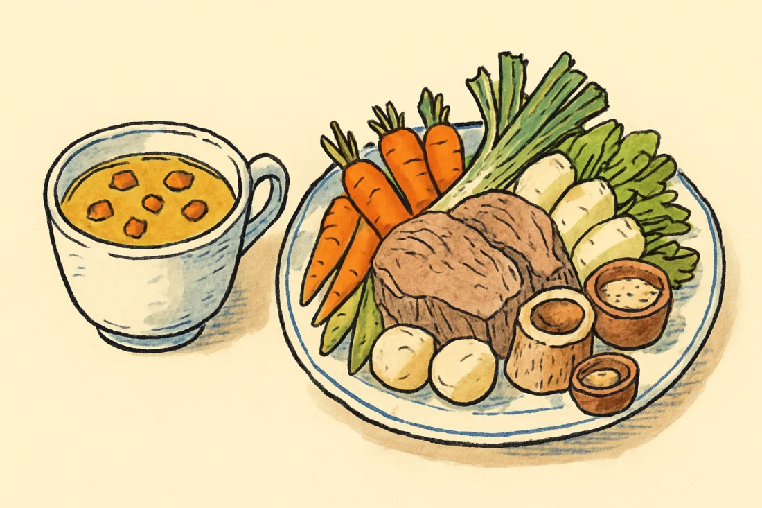 Croquis : tasse de bouillon clair et plat de viandes tranchées, carottes, poireaux, navets et os à moelle