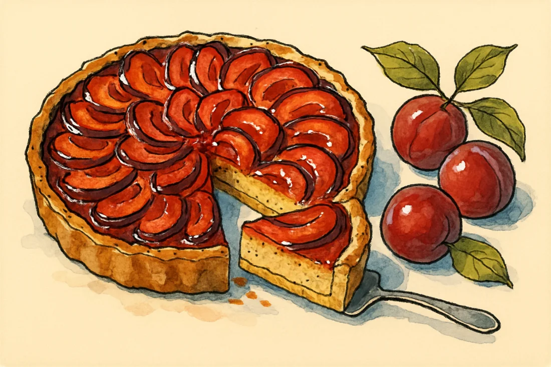 Croquis : tarte aux prunes rouges caramélisée, une part coupée montrant la couche de poudre d amande, prunes fraîches à côté