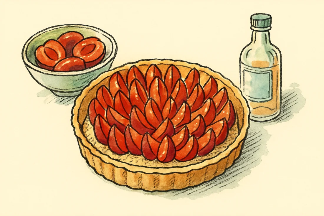 Croquis : fond de tarte garni de poudre d amande et de demi-prunes rouges debout en rosace, flacon de fleur d oranger à côté