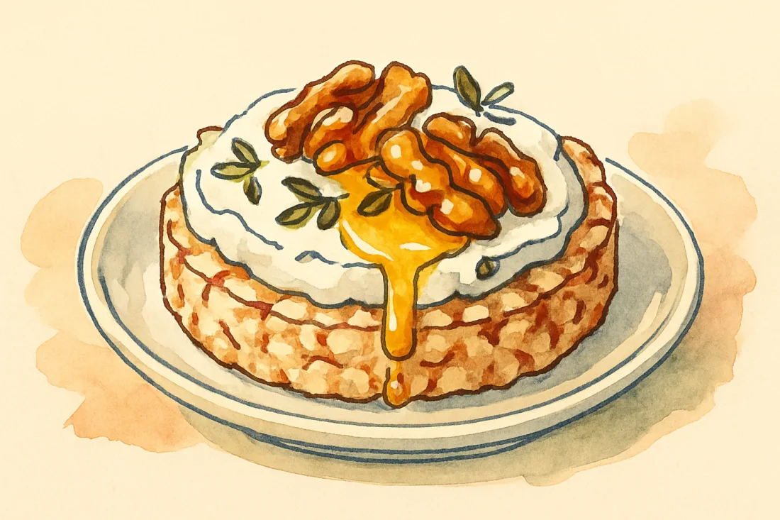 Croquis : galette de maïs soufflé garnie de chèvre frais, cerneaux de noix et filet de miel