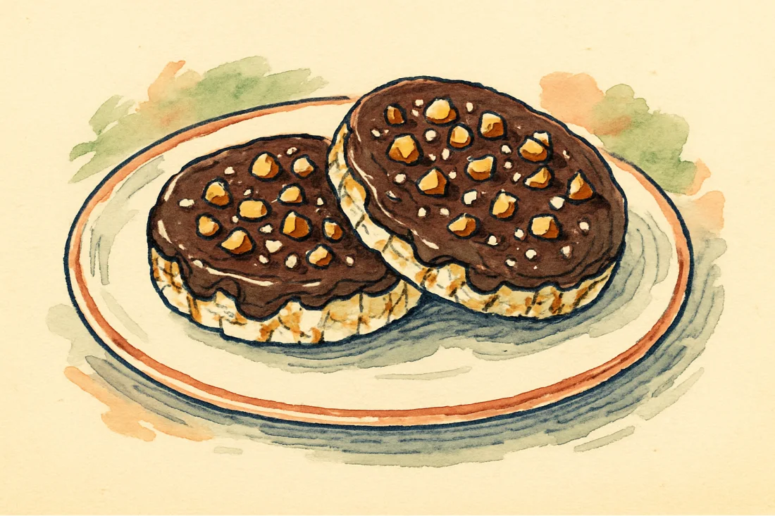 Croquis : deux galettes de maïs soufflé nappées de chocolat noir et parsemées de noisettes concassées