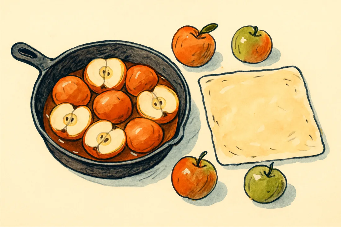 Croquis : moule avec caramel ambré et demi-pommes serrées, pâte feuilletée prête à poser à côté