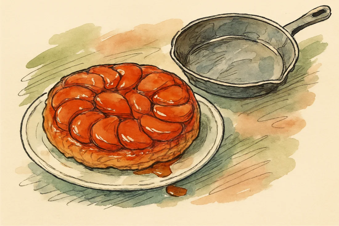 Croquis : tarte Tatin retournée sur un plat, pommes caramélisées brillantes, moule vide incliné à côté