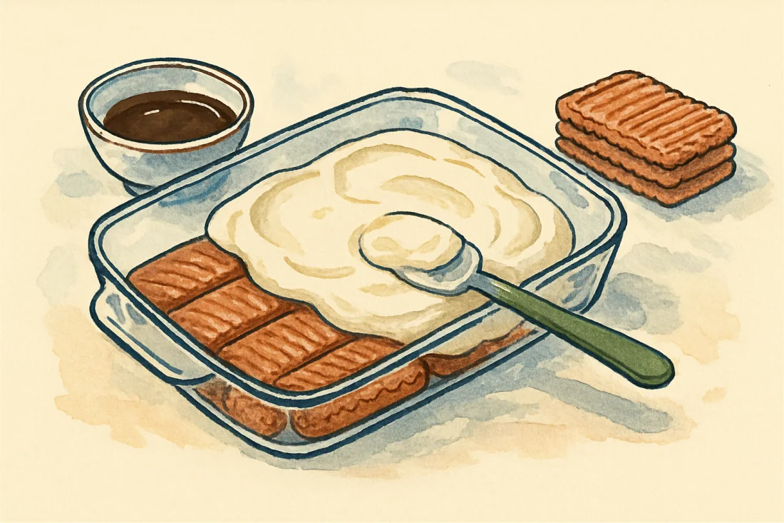 Croquis : plat en verre, couche de spéculoos imbibés de café recouverte de crème mascarpone étalée à la spatule
