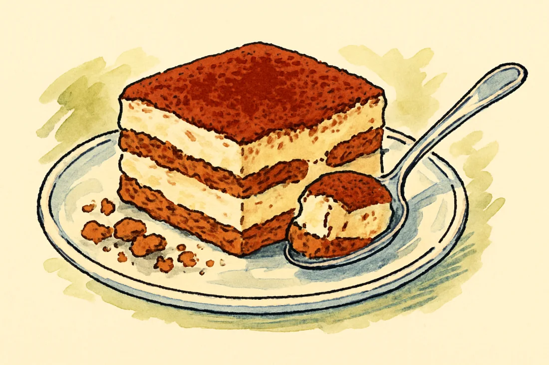Croquis : part de tiramisu aux couches nettes de spéculoos et de crème, saupoudrée de cacao