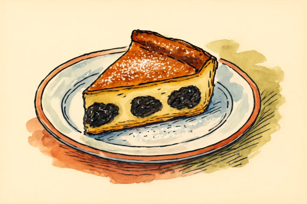 Croquis : part de far breton aux pruneaux sur une assiette