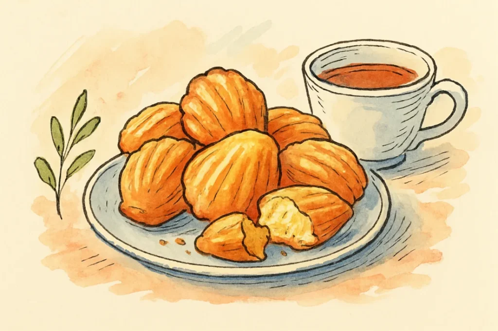 Croquis : assiette de madeleines dorées et tasse de thé