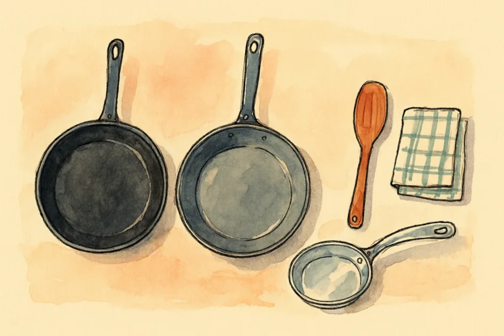 Croquis : trois poêles alignées, anti-adhésive, acier et inox, spatule et torchon