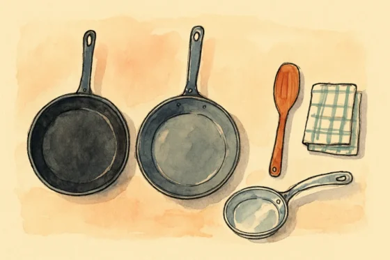 Croquis : trois poêles alignées, anti-adhésive, acier et inox, spatule et torchon
