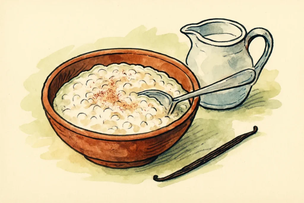Croquis : bol de riz au lait crémeux, pichet de lait et gousse de vanille