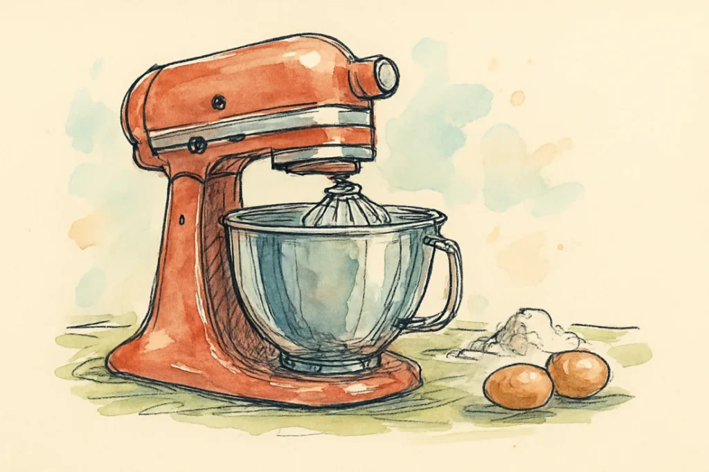 Croquis : robot pâtissier avec bol inox, fouet, œufs et farine