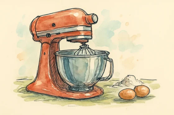 Croquis : robot pâtissier avec bol inox, fouet, œufs et farine