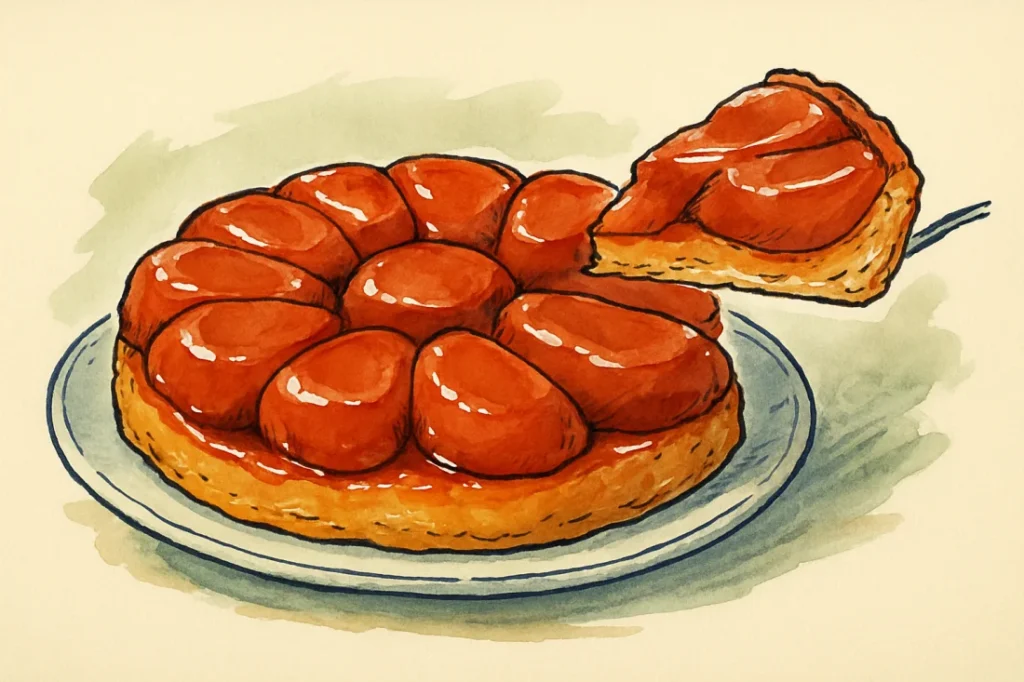 Croquis : tarte Tatin aux pommes caramélisées, une part soulevée
