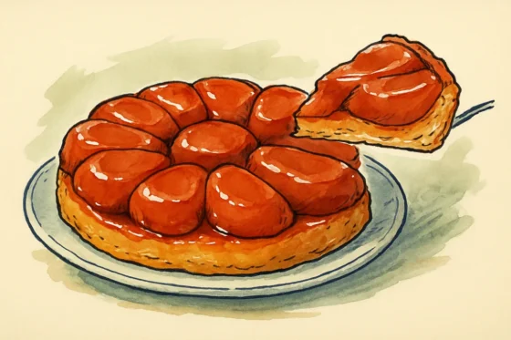 Croquis : tarte Tatin aux pommes caramélisées, une part soulevée
