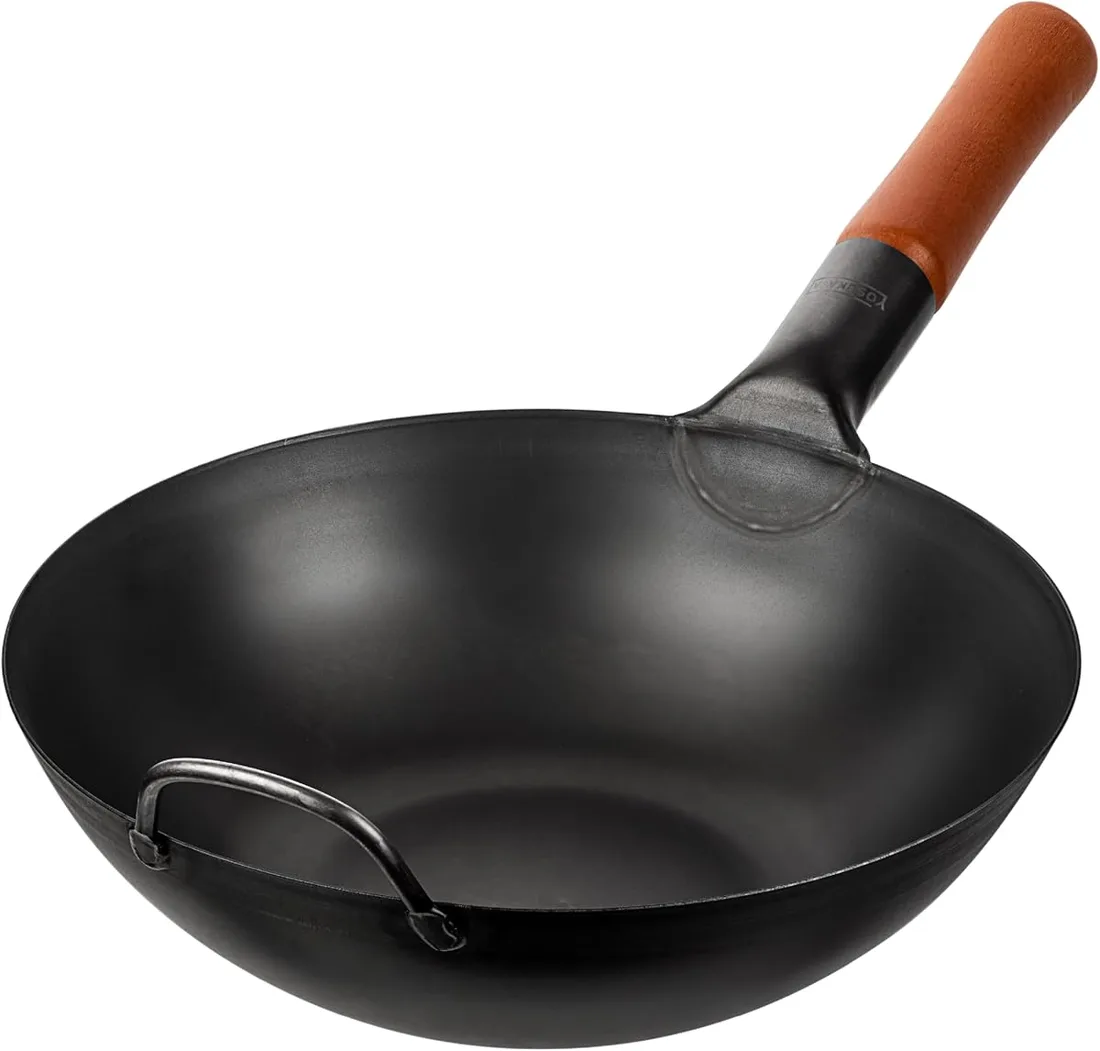 Wok Yosukata en acier carbone pré-assaisonné à fond plat, chinois traditionnel