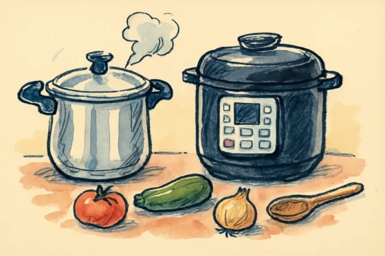 Croquis cocotte-minute fumante et multicuiseur electrique avec legumes