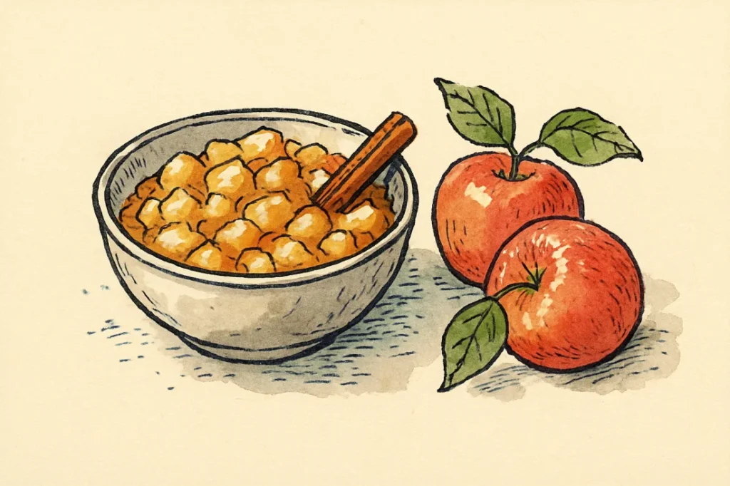 Croquis bol de compote de pommes avec cannelle et pommes fraiches