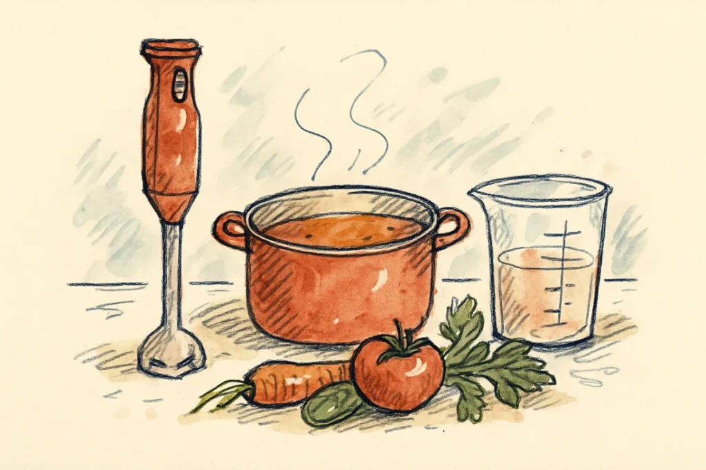 Croquis mixeur plongeant avec casserole de soupe et verre doseur