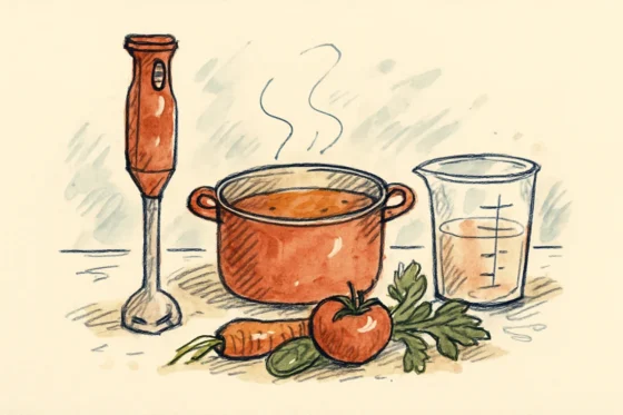 Croquis mixeur plongeant avec casserole de soupe et verre doseur