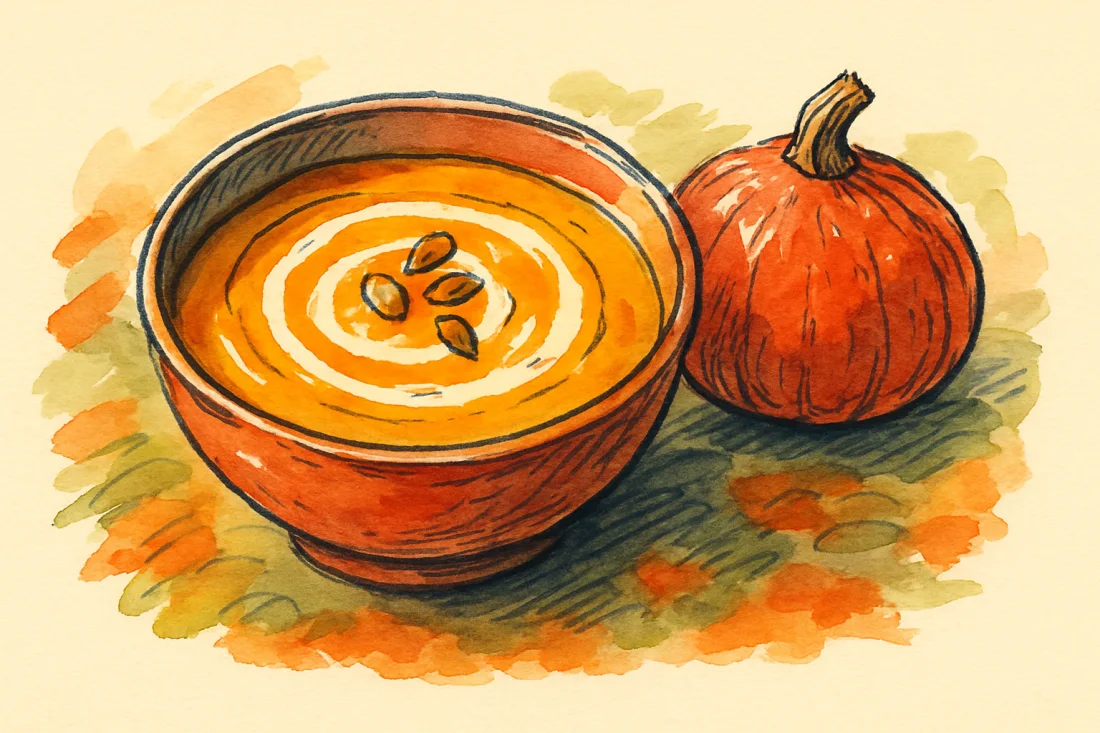 Croquis bol de soupe de potimarron avec creme et graines