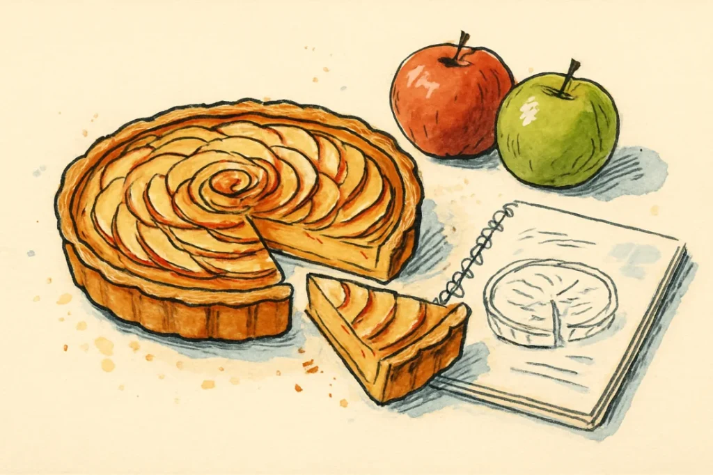 Croquis tarte aux pommes en rosace avec pommes fraiches