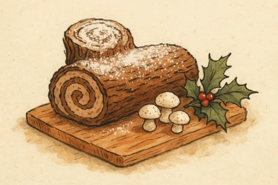 Croquis d'une buche de Noel roulee saupoudree de sucre glace