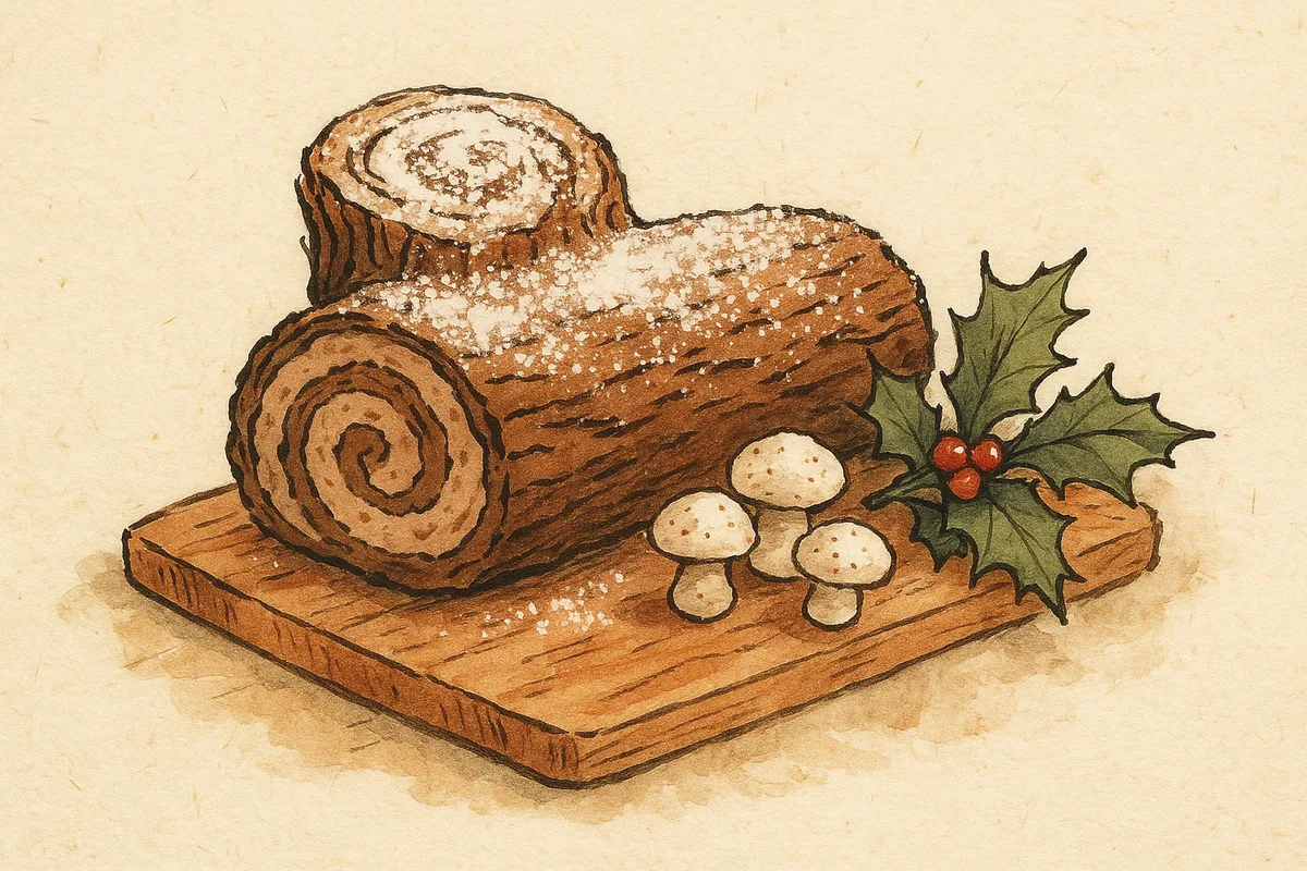 Croquis d'une buche de Noel roulee saupoudree de sucre glace