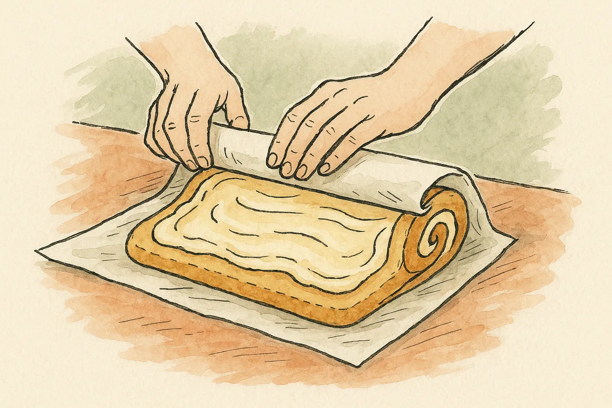 Croquis : rouler le biscuit de la buche dans le papier cuisson