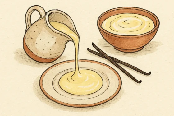 Croquis d'une creme anglaise a la vanille dans un pichet