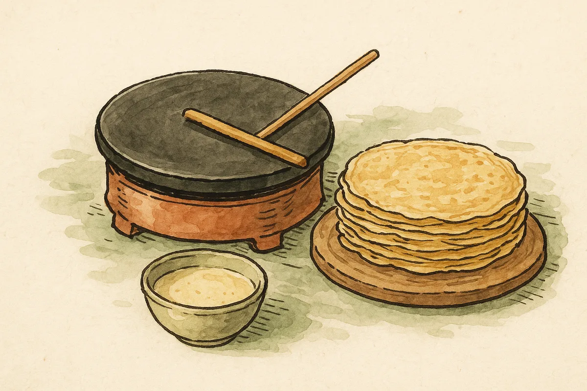 Croquis d'une crepiere billig avec rozell et une pile de crepes