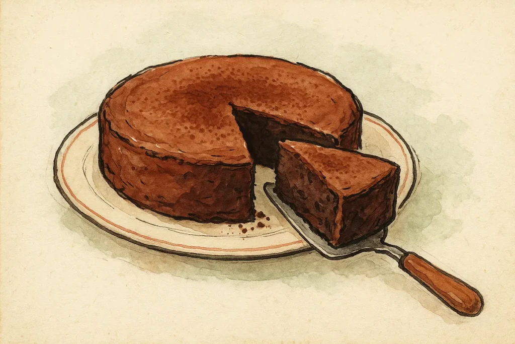Croquis d'un gateau au chocolat fondant, une part coupee