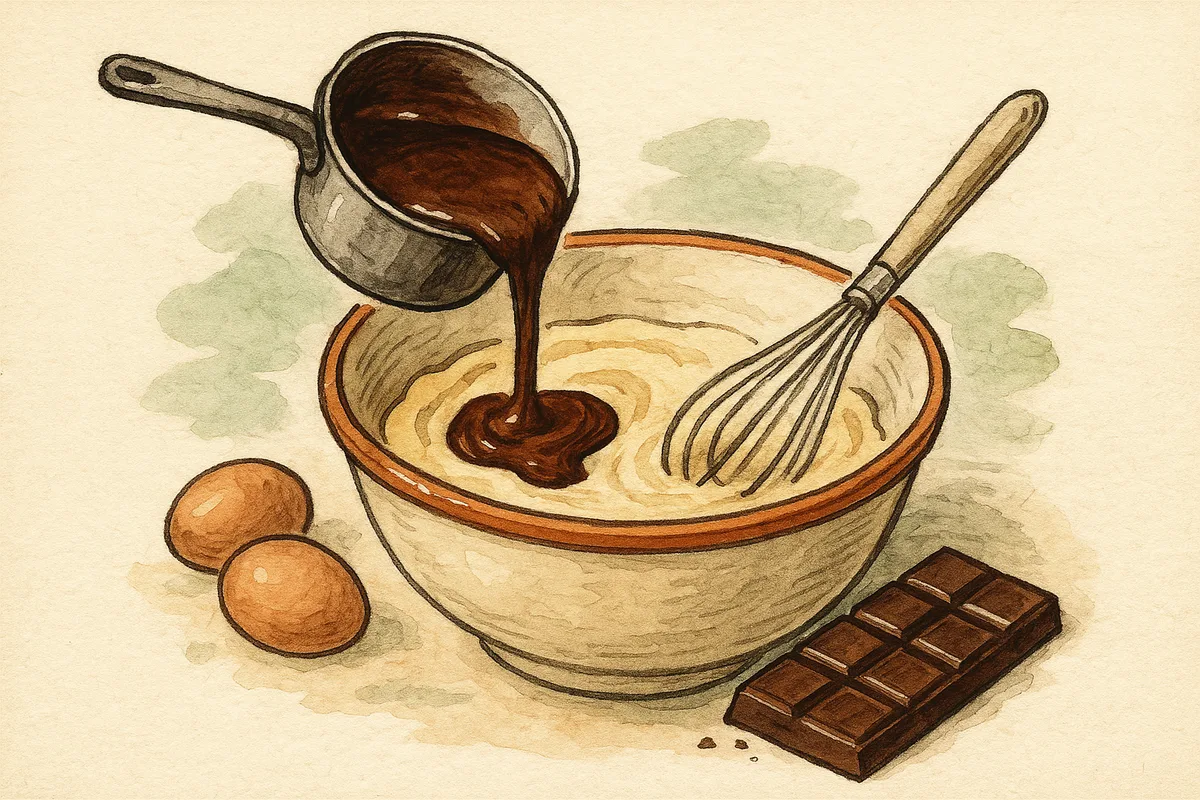 Croquis : verser le chocolat fondu dans la pate