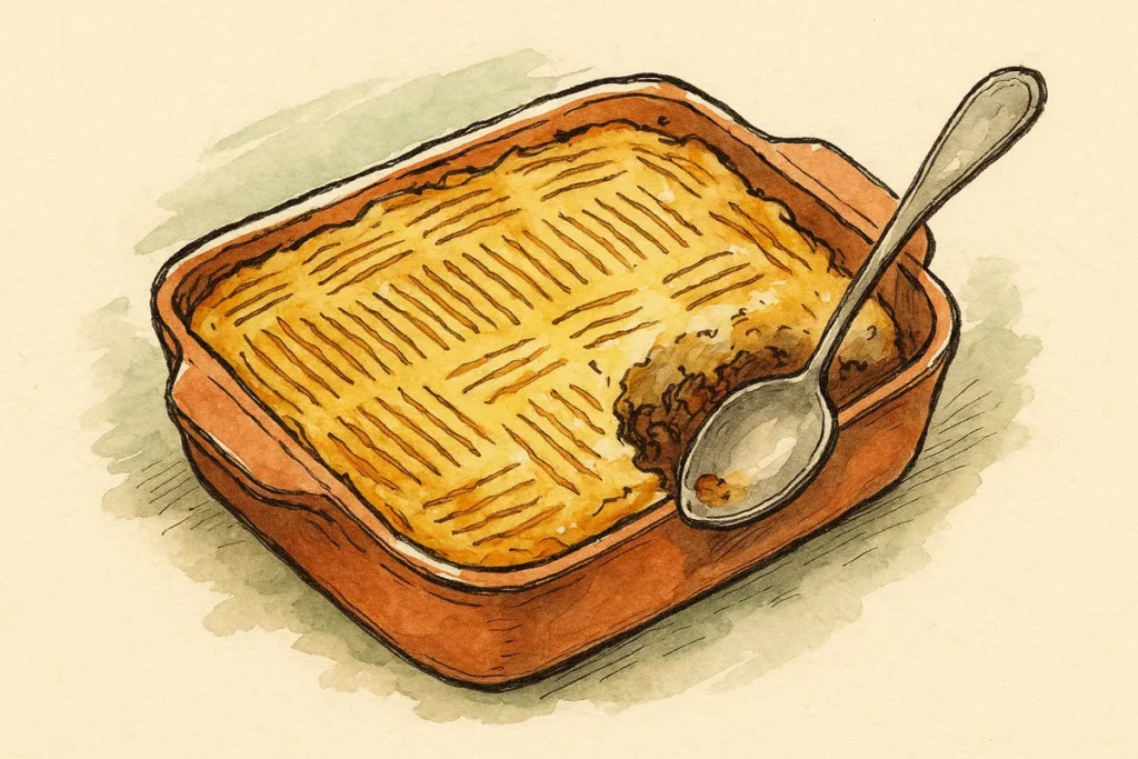 Croquis d'un hachis parmentier gratine dans son plat