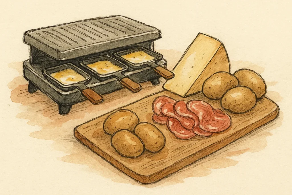 Croquis d'un appareil a raclette avec coupelles, fromage, pommes de terre et charcuterie