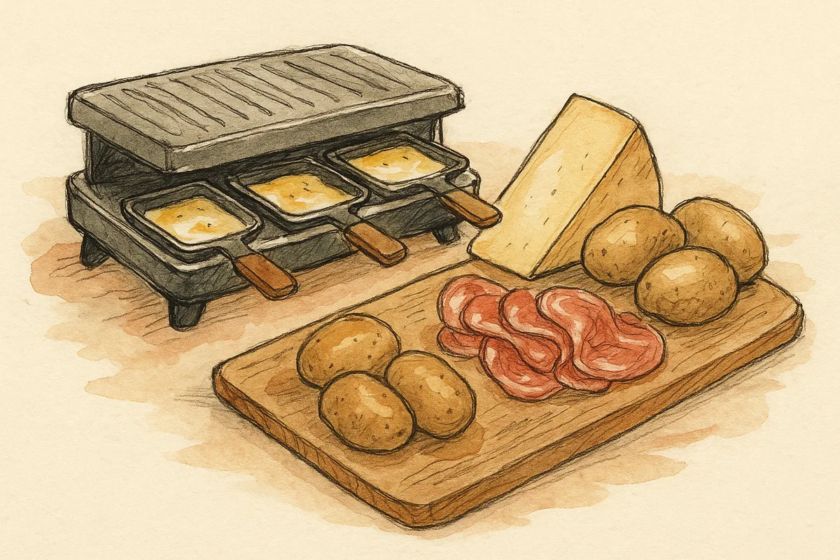 Croquis d'un appareil a raclette avec coupelles, fromage, pommes de terre et charcuterie