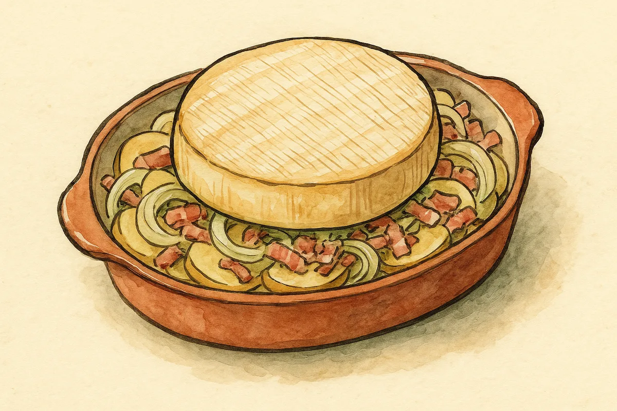 Croquis : disposer le reblochon sur la tartiflette